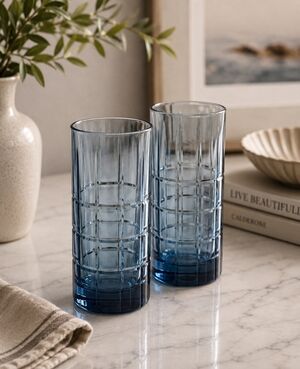 Circleware Blue Windowpane Highball Glasses Set of 2 NWOT 3in x 6in 14oz